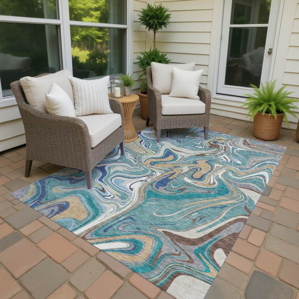 HomeRoots 10' Teal Blue, Gold & Ivory Abstract Area Rug - Washable, Durable Design for Indoor/Outdoor Use! 690338