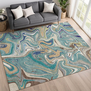 HomeRoots 10' Teal Blue, Gold & Ivory Abstract Area Rug - Washable, Durable Design for Indoor/Outdoor Use! 690338