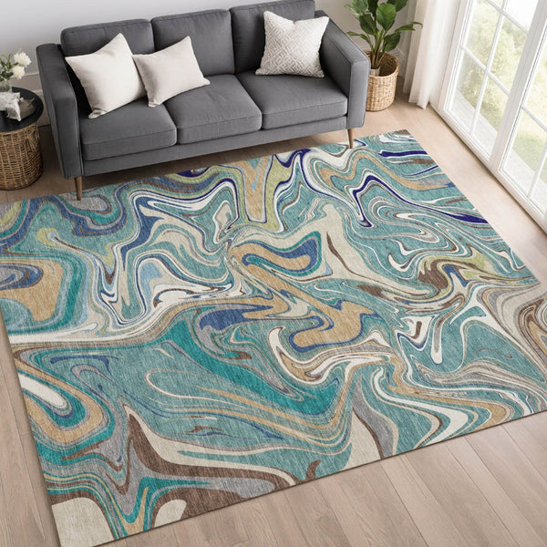 HomeRoots 10' Teal Blue, Gold & Ivory Abstract Area Rug - Washable, Durable Design for Indoor/Outdoor Use! 690338