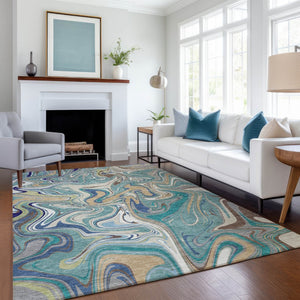 HomeRoots 10' Teal Blue, Gold & Ivory Abstract Area Rug - Washable, Durable Design for Indoor/Outdoor Use! 690338
