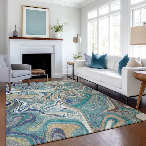 HomeRoots 10' Teal Blue, Gold & Ivory Abstract Area Rug - Washable, Durable Design for Indoor/Outdoor Use! 690338