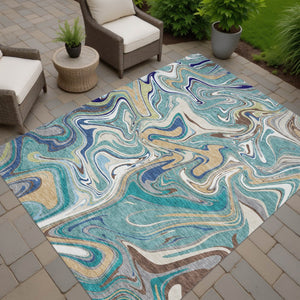 HomeRoots 10' Teal Blue, Gold & Ivory Abstract Area Rug - Washable, Durable Design for Indoor/Outdoor Use! 690338