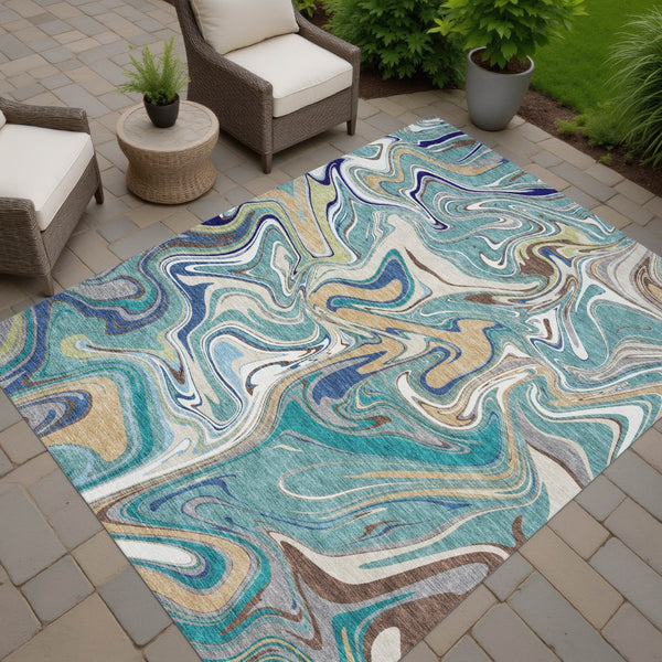 HomeRoots 10' Teal Blue, Gold & Ivory Abstract Area Rug - Washable, Durable Design for Indoor/Outdoor Use! 690338
