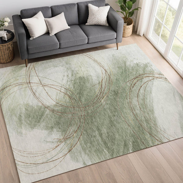 HomeRoots 5' X 8' Artichoke Green Abstract Area Rug – Stylish, Washable, Durable Indoor/Outdoor Comfort! 690340