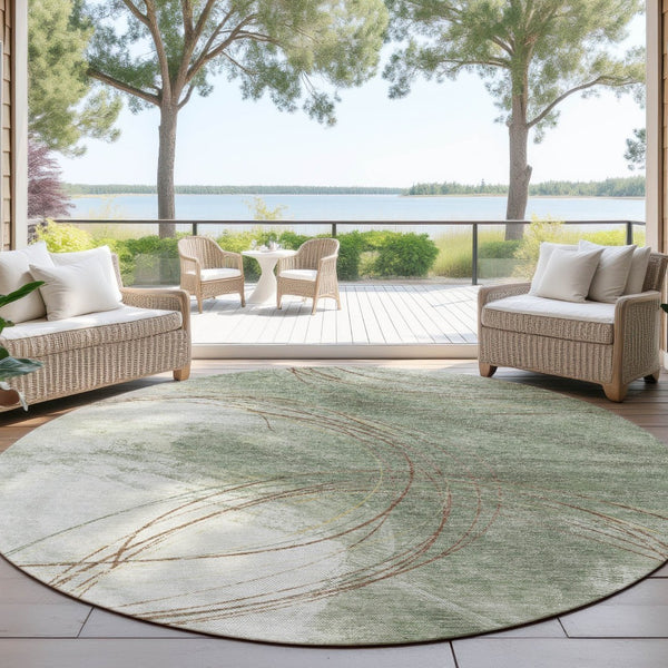 HomeRoots 8' Modern Abstract Round Area Rug in Artichoke Green, Ivory & Brown - Washable & Durable Design 690341