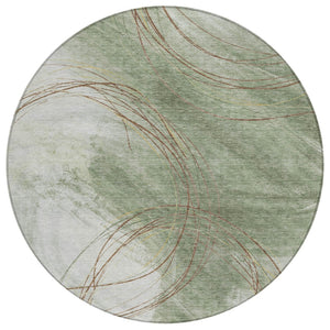 HomeRoots 8' Modern Abstract Round Area Rug in Artichoke Green, Ivory & Brown - Washable & Durable Design 690341