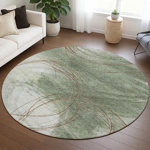 HomeRoots 8' Modern Abstract Round Area Rug in Artichoke Green, Ivory & Brown - Washable & Durable Design 690341