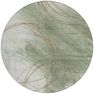 HomeRoots 8' Modern Abstract Round Area Rug in Artichoke Green, Ivory & Brown - Washable & Durable Design 690341