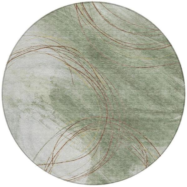 HomeRoots 8' Modern Abstract Round Area Rug in Artichoke Green, Ivory & Brown - Washable & Durable Design 690341