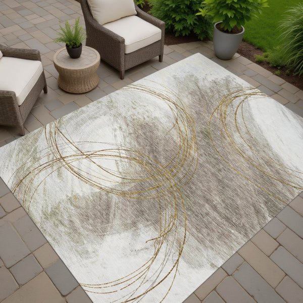 HomeRoots 5' X 8' Washable Khaki Ivory Brown Abstract Area Rug – Durable, Stylish Indoor/Outdoor Decor Solution 690352