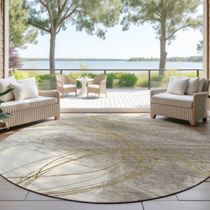 HomeRoots 8' Round Abstract Washable Area Rug in Khaki, Ivory & Brown - Stylish, Durable Decor for Indoors & Outdoors 690353