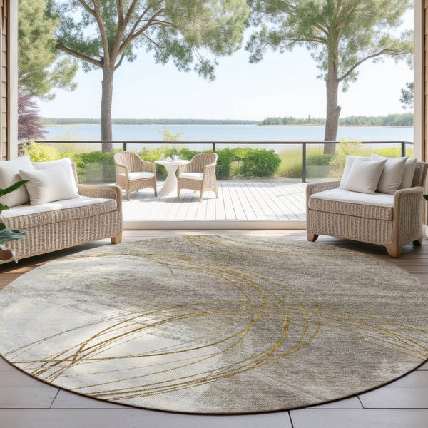HomeRoots 8' Round Abstract Washable Area Rug in Khaki, Ivory & Brown - Stylish, Durable Decor for Indoors & Outdoors 690353