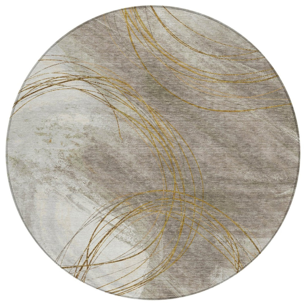 HomeRoots 8' Round Abstract Washable Area Rug in Khaki, Ivory & Brown - Stylish, Durable Decor for Indoors & Outdoors 690353