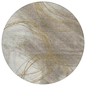 HomeRoots 8' Round Abstract Washable Area Rug in Khaki, Ivory & Brown - Stylish, Durable Decor for Indoors & Outdoors 690353