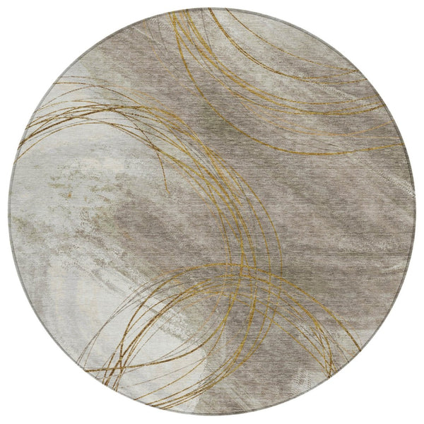 HomeRoots 8' Round Abstract Washable Area Rug in Khaki, Ivory & Brown - Stylish, Durable Decor for Indoors & Outdoors 690353