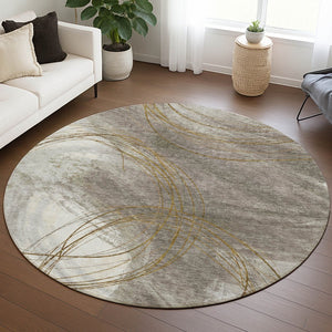 HomeRoots 8' Round Abstract Washable Area Rug in Khaki, Ivory & Brown - Stylish, Durable Decor for Indoors & Outdoors 690353