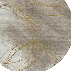 HomeRoots 8' Round Abstract Washable Area Rug in Khaki, Ivory & Brown - Stylish, Durable Decor for Indoors & Outdoors 690353