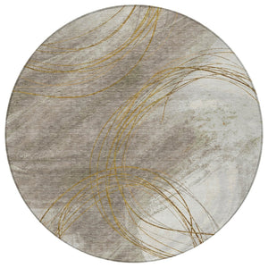 HomeRoots 8' Round Abstract Washable Area Rug in Khaki, Ivory & Brown - Stylish, Durable Decor for Indoors & Outdoors 690353