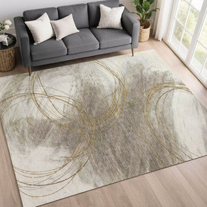 HomeRoots 8' X 10' Contemporary Khaki Ivory Brown Abstract Washable Area Rug for Indoor & Outdoor Spaces 690354