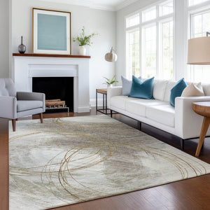 HomeRoots 8' X 10' Contemporary Khaki Ivory Brown Abstract Washable Area Rug for Indoor & Outdoor Spaces 690354