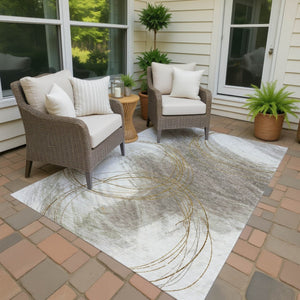 HomeRoots 10' Khaki Ivory Brown Abstract Washable Area Rug for Indoor Outdoor Use - Durable, Stylish & Easy Care 690356