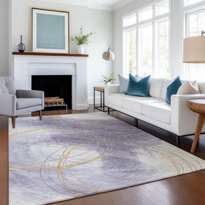 HomeRoots 5' X 8' Modern Purple Gold Ivory Abstract Rug - Durable, Washable, Perfect for Indoor & Outdoor Use! 690358