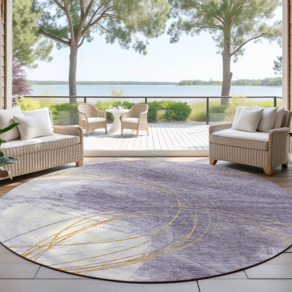 HomeRoots 8' Abstract Round Area Rug in Purple, Gold & Ivory - Stylish, Washable, Indoor/Outdoor Use! 690359