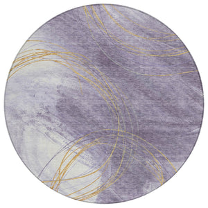 HomeRoots 8' Abstract Round Area Rug in Purple, Gold & Ivory - Stylish, Washable, Indoor/Outdoor Use! 690359