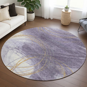 HomeRoots 8' Abstract Round Area Rug in Purple, Gold & Ivory - Stylish, Washable, Indoor/Outdoor Use! 690359