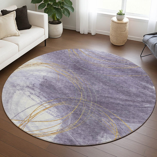 HomeRoots 8' Abstract Round Area Rug in Purple, Gold & Ivory - Stylish, Washable, Indoor/Outdoor Use! 690359