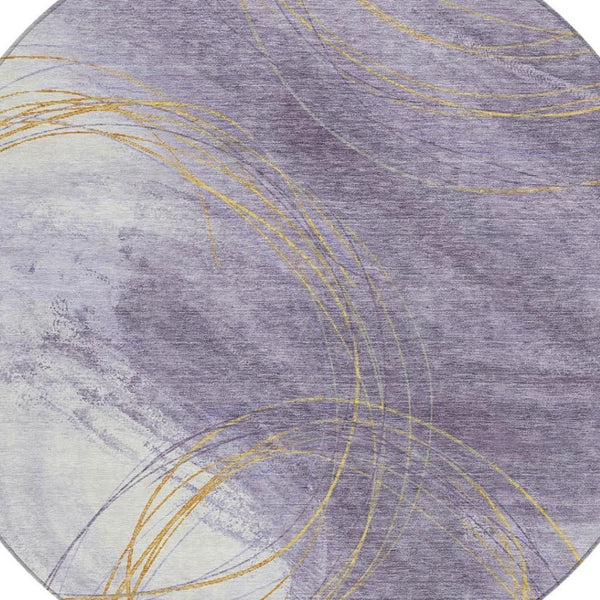 HomeRoots 8' Abstract Round Area Rug in Purple, Gold & Ivory - Stylish, Washable, Indoor/Outdoor Use! 690359