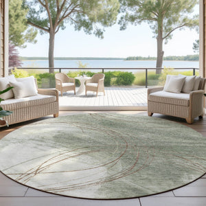 HomeRoots 8' Round Abstract Area Rug in Sage Brown & Ivory - Washable, Durable, Stylish for Indoor & Outdoor Use 690365