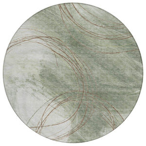 HomeRoots 8' Round Abstract Area Rug in Sage Brown & Ivory - Washable, Durable, Stylish for Indoor & Outdoor Use 690365