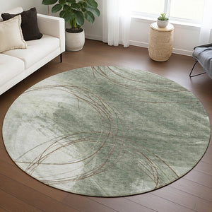HomeRoots 8' Round Abstract Area Rug in Sage Brown & Ivory - Washable, Durable, Stylish for Indoor & Outdoor Use 690365