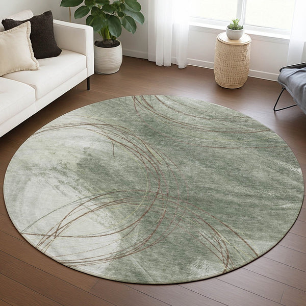 HomeRoots 8' Round Abstract Area Rug in Sage Brown & Ivory - Washable, Durable, Stylish for Indoor & Outdoor Use 690365