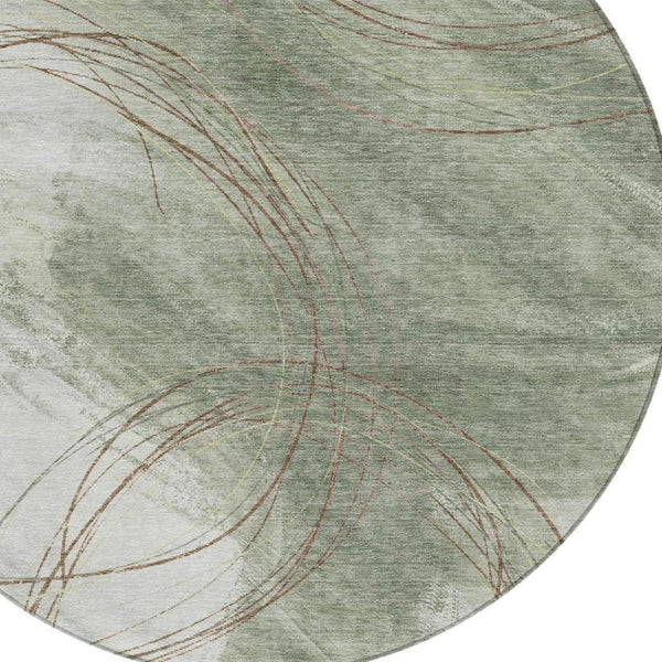 HomeRoots 8' Round Abstract Area Rug in Sage Brown & Ivory - Washable, Durable, Stylish for Indoor & Outdoor Use 690365