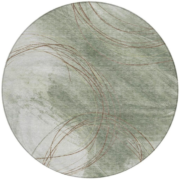 HomeRoots 8' Round Abstract Area Rug in Sage Brown & Ivory - Washable, Durable, Stylish for Indoor & Outdoor Use 690365