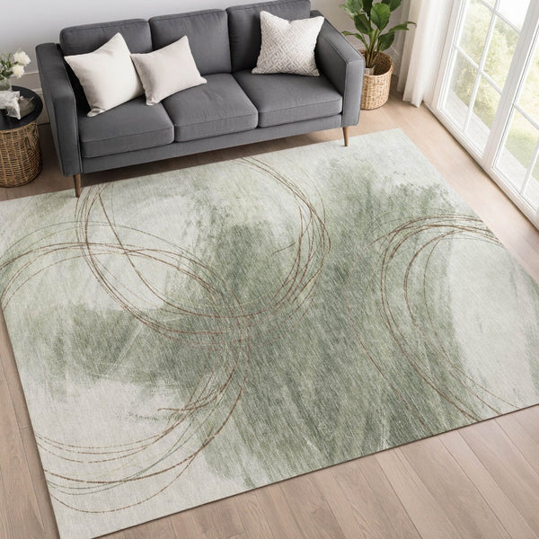 HomeRoots 8' X 10' Sage Brown & Ivory Abstract Rug - Washable, Stylish, Durable for Indoor/Outdoor Use! 690366