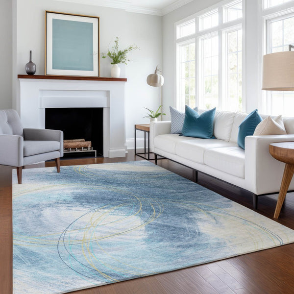 HomeRoots 5' Modern Abstract Sky Blue Area Rug - Durable, Washable, Indoor/Outdoor, Stylish Décor Accent 690370