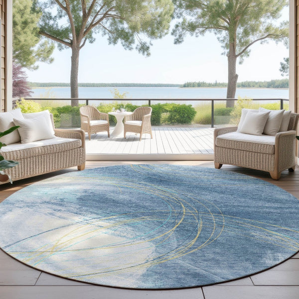 HomeRoots 8' Sky Blue Round Abstract Area Rug - Stylish, Washable, Durable Design for Indoor & Outdoor Use 690371