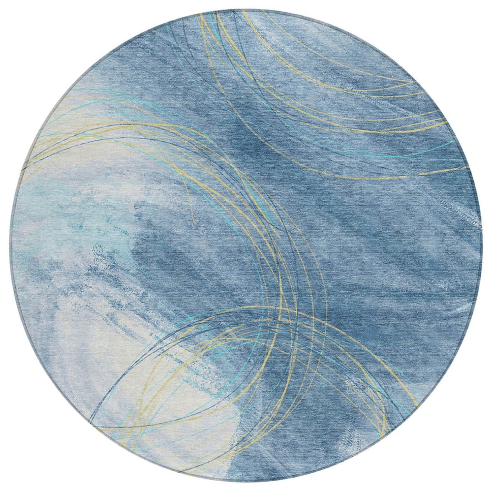 HomeRoots 8' Sky Blue Round Abstract Area Rug - Stylish, Washable, Durable Design for Indoor & Outdoor Use 690371
