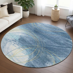 HomeRoots 8' Sky Blue Round Abstract Area Rug - Stylish, Washable, Durable Design for Indoor & Outdoor Use 690371