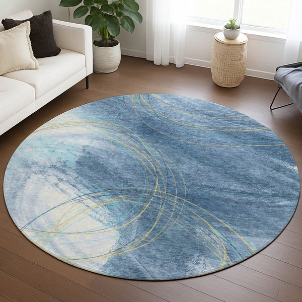 HomeRoots 8' Sky Blue Round Abstract Area Rug - Stylish, Washable, Durable Design for Indoor & Outdoor Use 690371