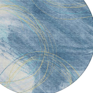 HomeRoots 8' Sky Blue Round Abstract Area Rug - Stylish, Washable, Durable Design for Indoor & Outdoor Use 690371