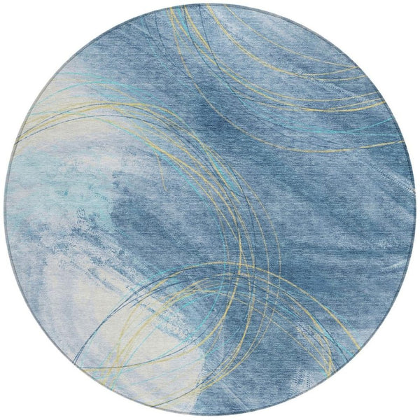 HomeRoots 8' Sky Blue Round Abstract Area Rug - Stylish, Washable, Durable Design for Indoor & Outdoor Use 690371