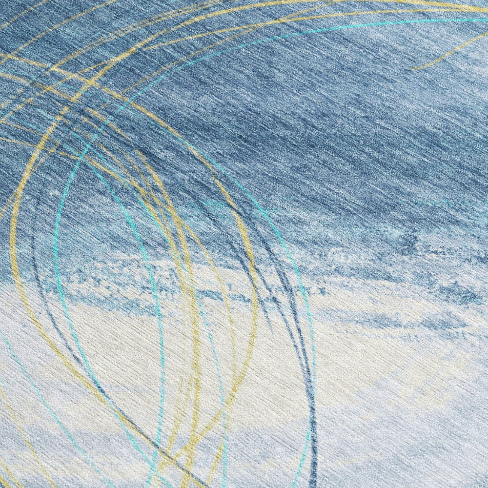 HomeRoots 8' Sky Blue Gold and Ivory Abstract Area Rug – Washable, Durable Design for Indoor & Outdoor Use 690372