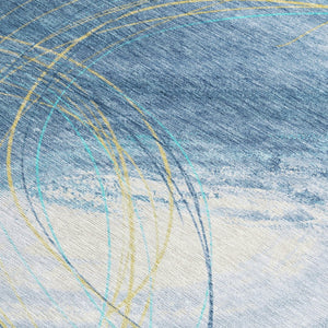 HomeRoots 8' Sky Blue Gold and Ivory Abstract Area Rug – Washable, Durable Design for Indoor & Outdoor Use 690372