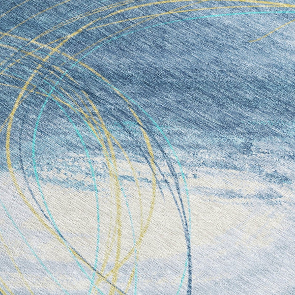 HomeRoots 8' Sky Blue Gold and Ivory Abstract Area Rug – Washable, Durable Design for Indoor & Outdoor Use 690372
