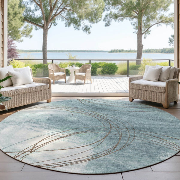 HomeRoots 8' Teal Blue Brown Ivory Round Abstract Rug - Stylish, Washable & Durable for Indoor/Outdoor Spaces 690377
