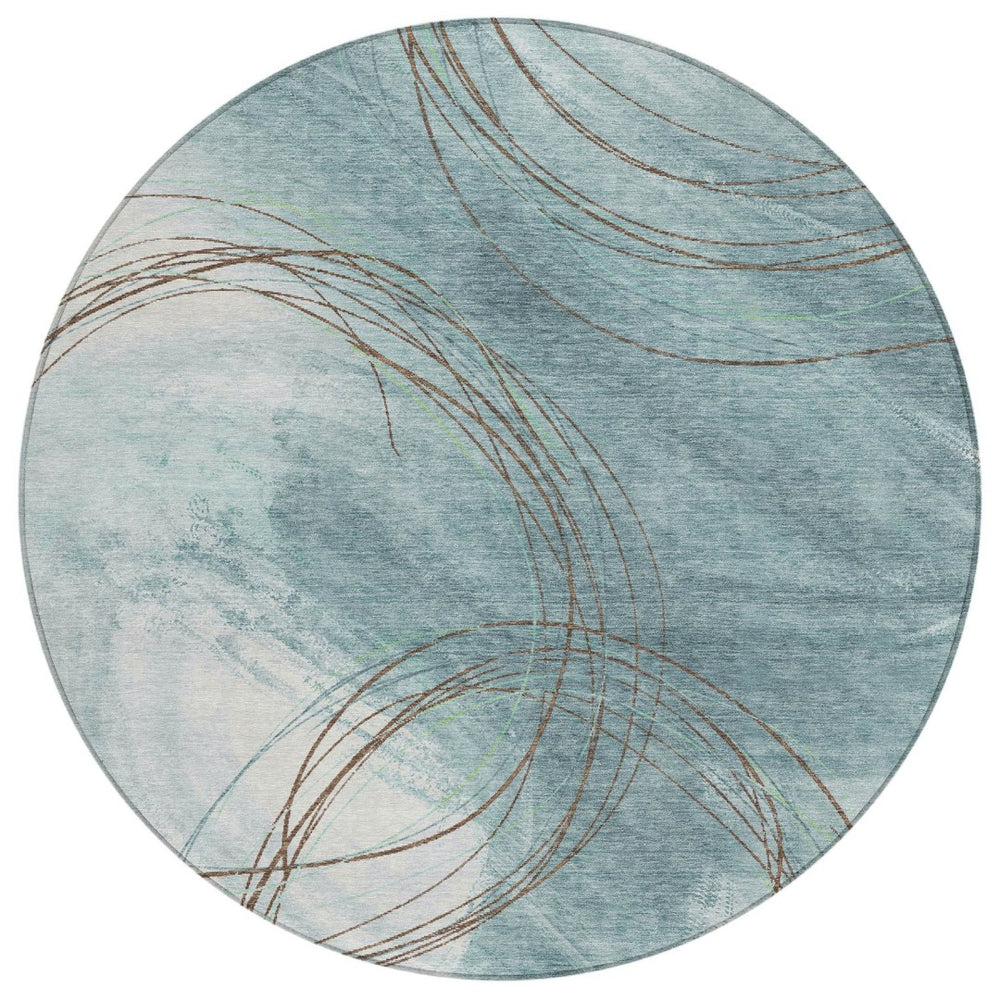 HomeRoots 8' Teal Blue Brown Ivory Round Abstract Rug - Stylish, Washable & Durable for Indoor/Outdoor Spaces 690377